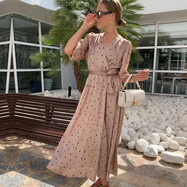 Amy Fashion - Elegant Puff Sleeve A-Line V Neck Sash Dress