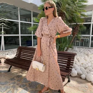 Amy Fashion - Elegant Puff Sleeve A-Line V Neck Sash Dress