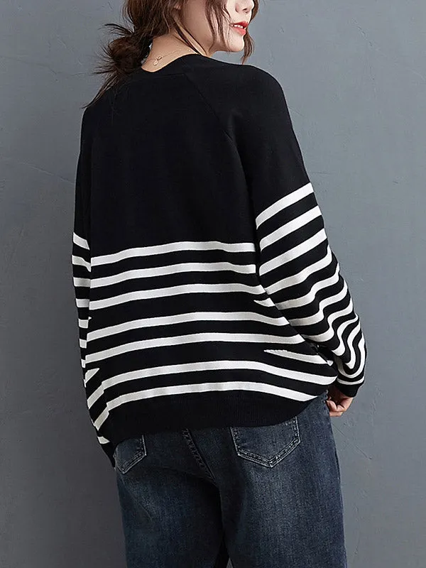 Artistic Retro Casual Loose Striped V-Neck Long Sleeves Knitted Sweater