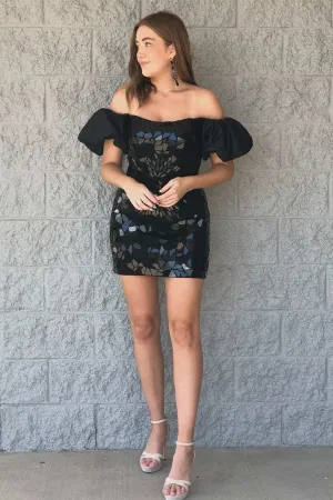 Black Cut Glass Mirror Puff Sleeve Short Homecoming Dress VK23090401