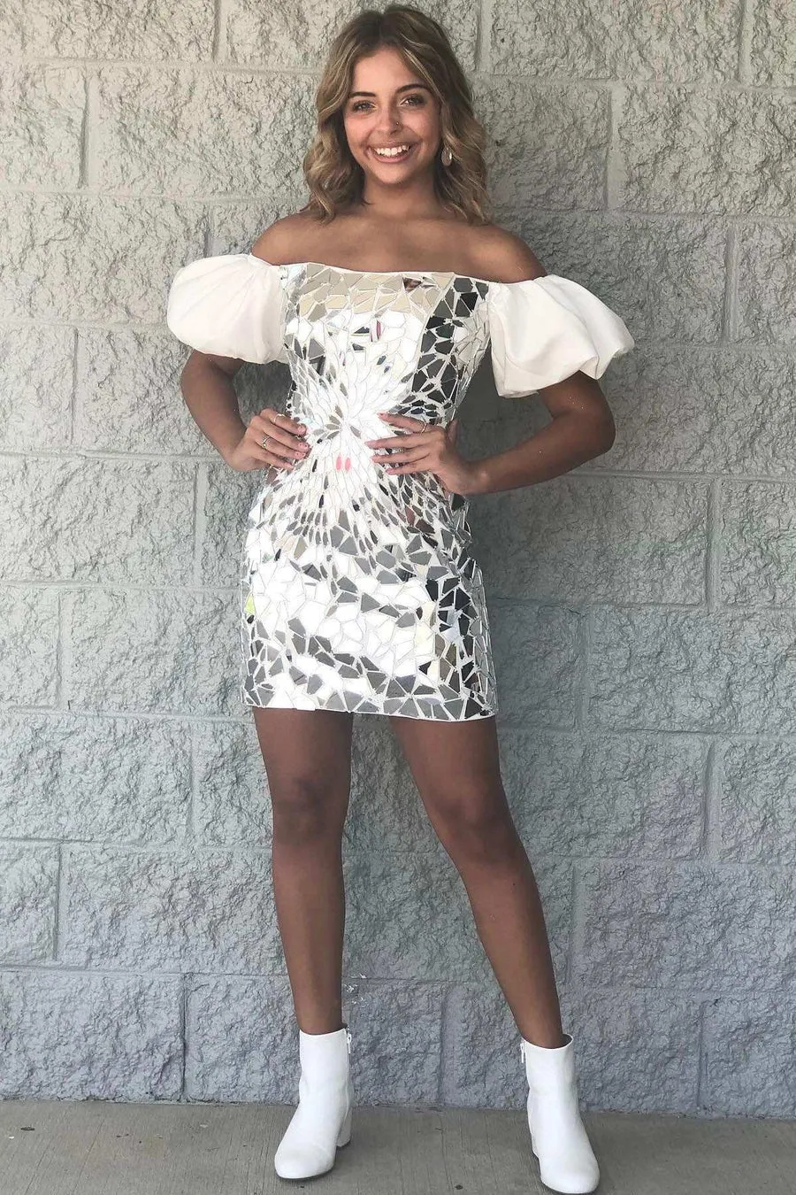 Black Cut Glass Mirror Puff Sleeve Short Homecoming Dress VK23090401