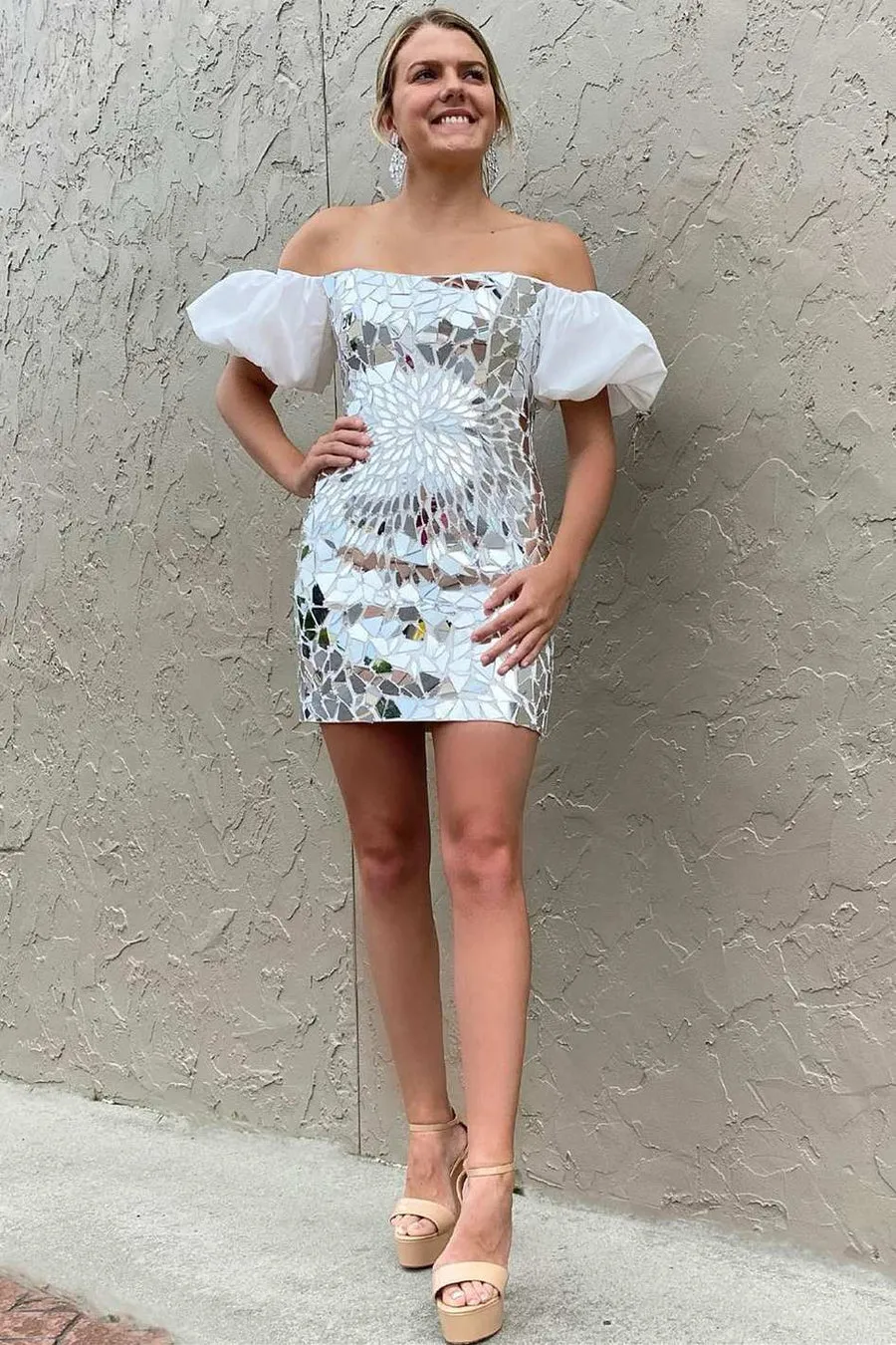 Black Cut Glass Mirror Puff Sleeve Short Homecoming Dress VK23090401