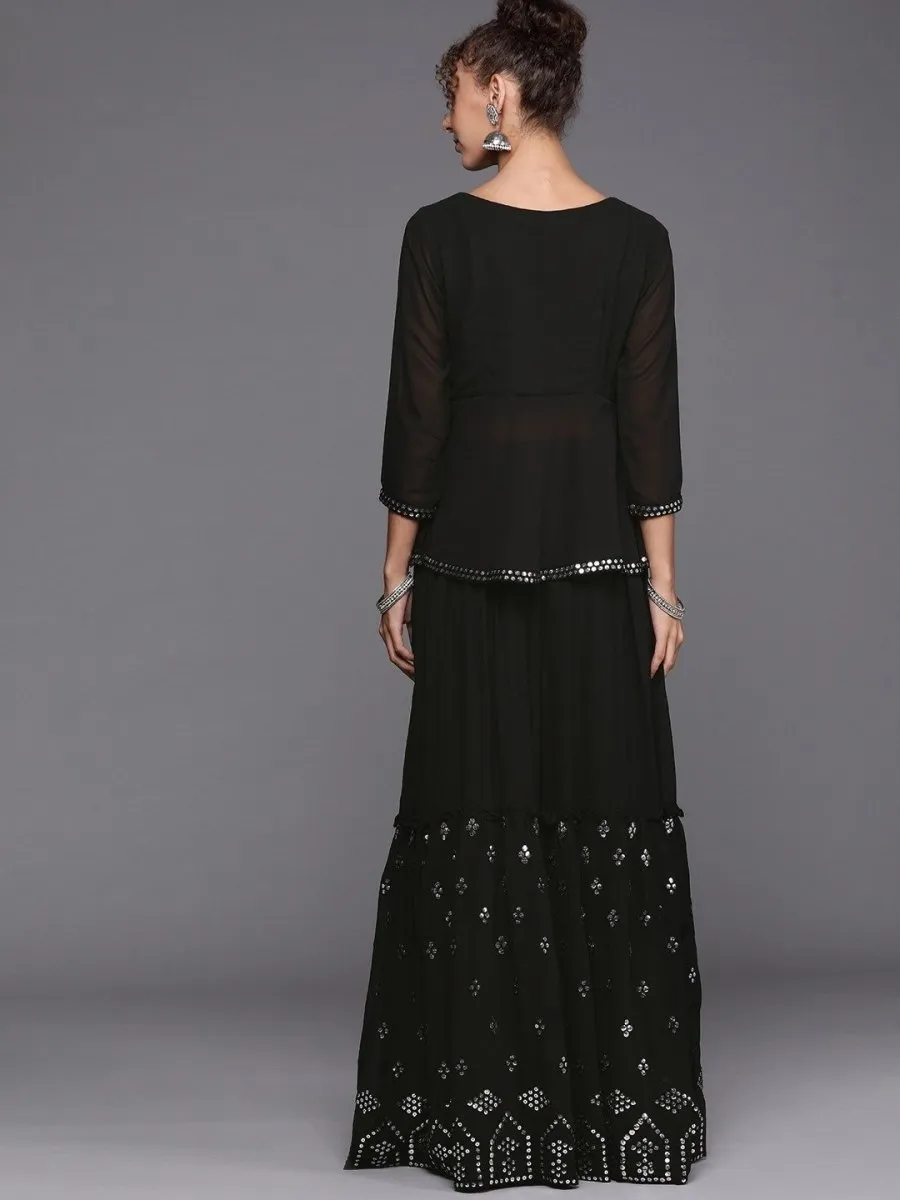 Black Mirror Embroidered Tierred Skirt with Embroidered Peplum Top