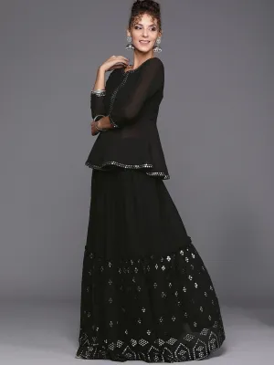 Black Mirror Embroidered Tierred Skirt with Embroidered Peplum Top