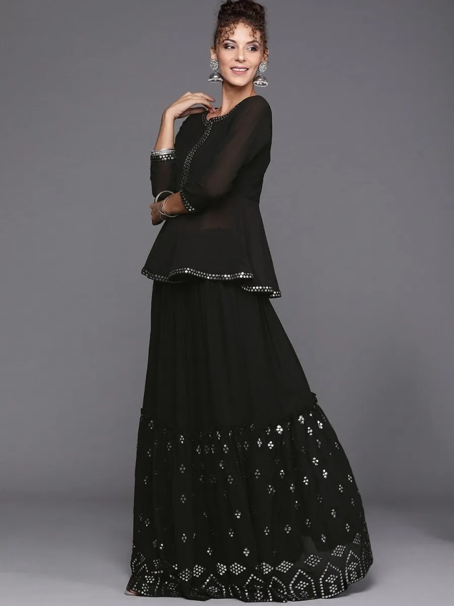 Black Mirror Embroidered Tierred Skirt with Embroidered Peplum Top