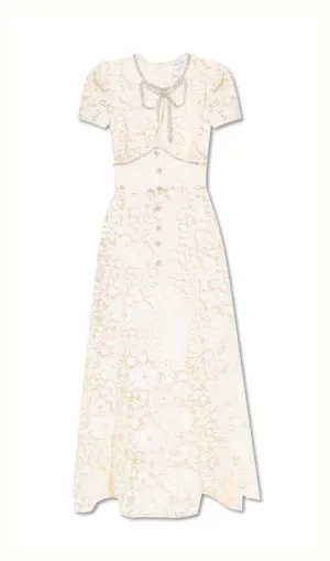BOW-EMBELLISHED FLORAL-LACE MIDI DRESS IN BEIGE