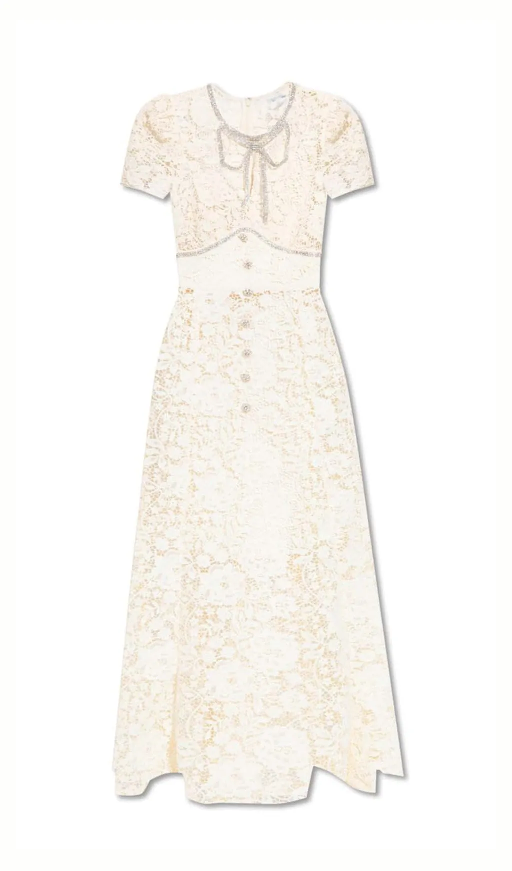 BOW-EMBELLISHED FLORAL-LACE MIDI DRESS IN BEIGE