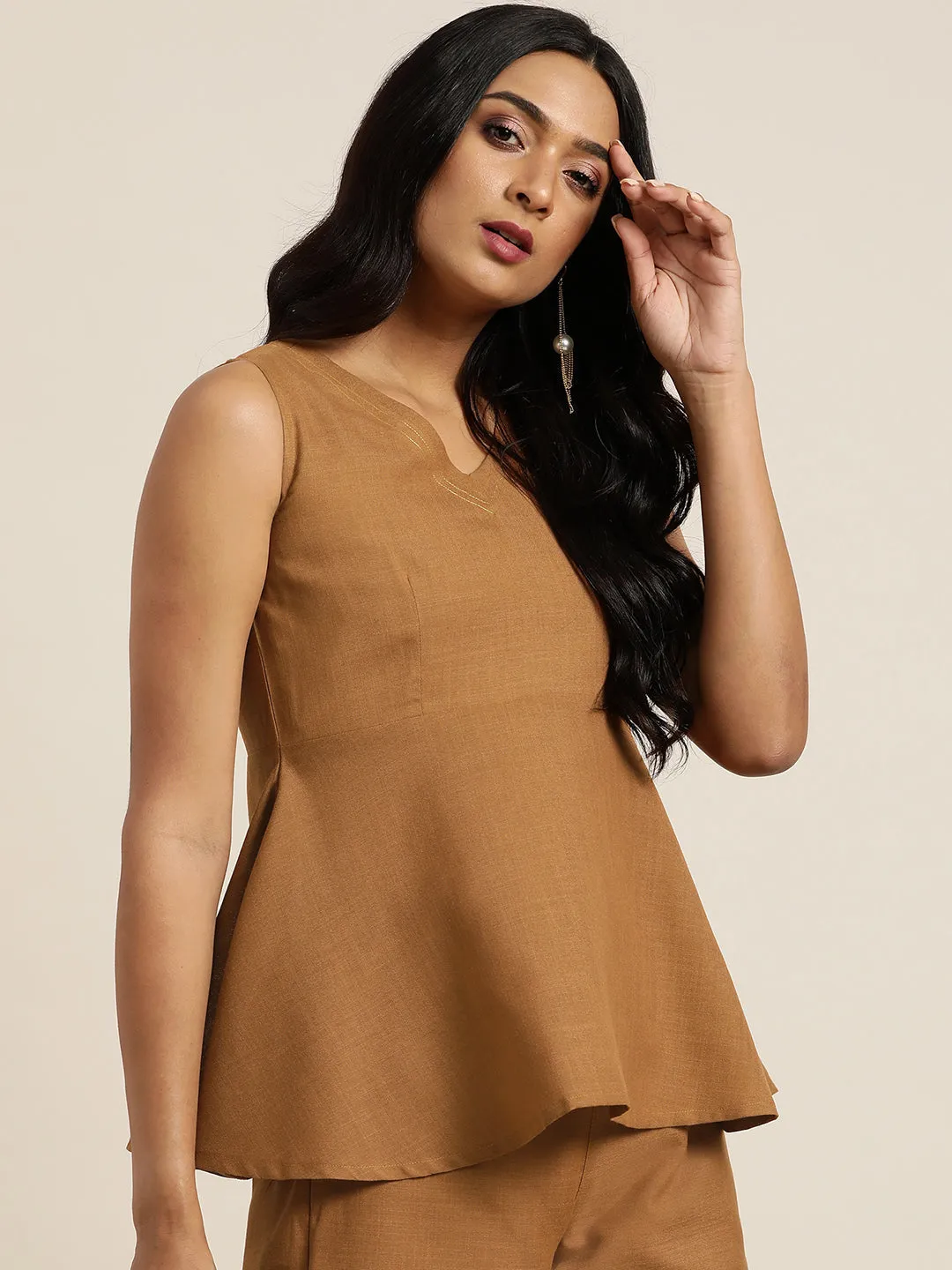 Brown Sleeveless Peplum Top