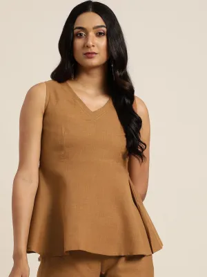 Brown Sleeveless Peplum Top