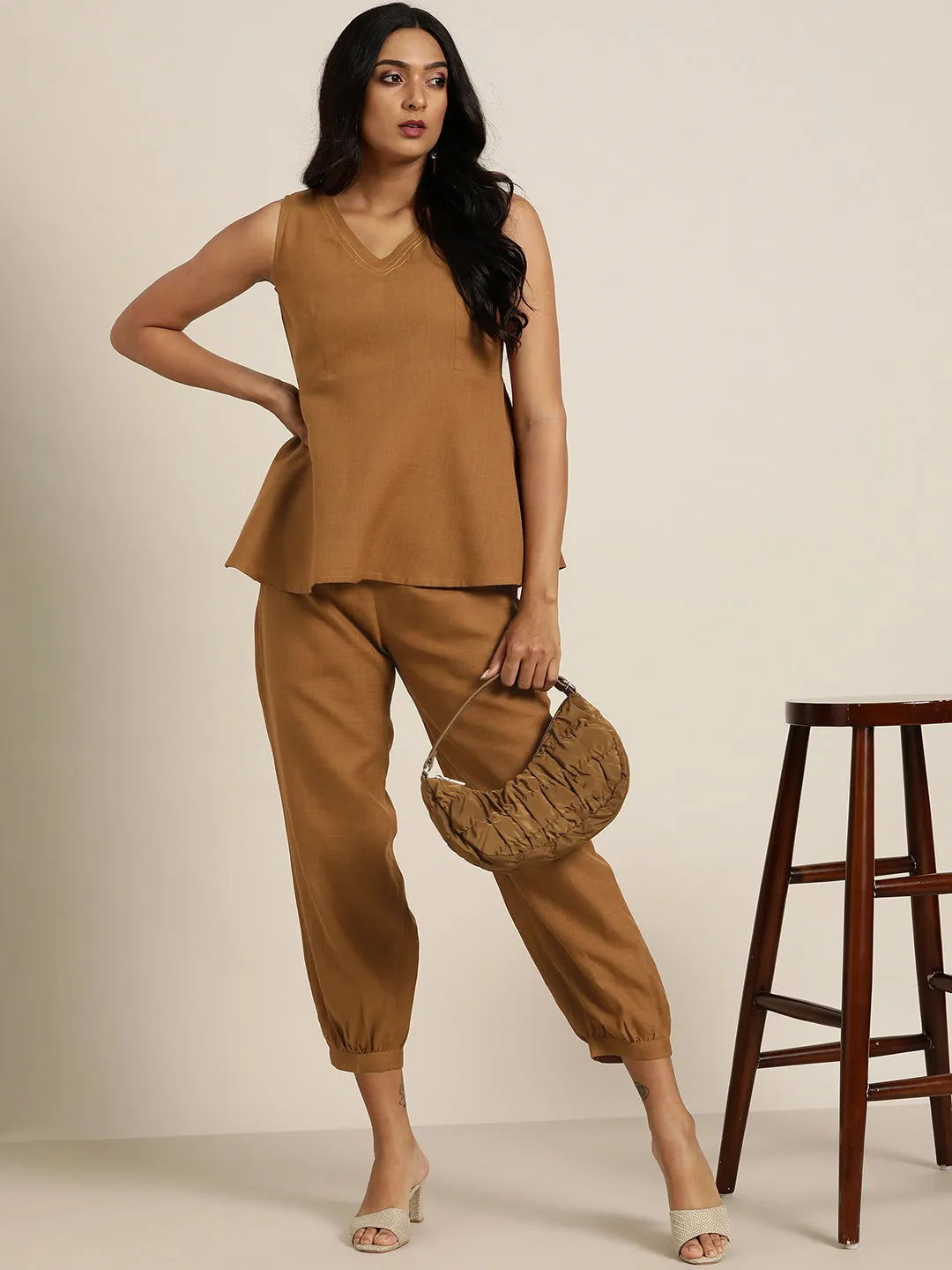 Brown Sleeveless Peplum Top