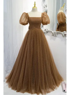 Brown Wave Point Tulle Puff Sleeve Prom Dress