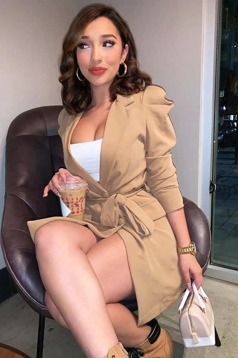 Camel Puff Sleeve Belted Waist Blazer Dress - Daionna