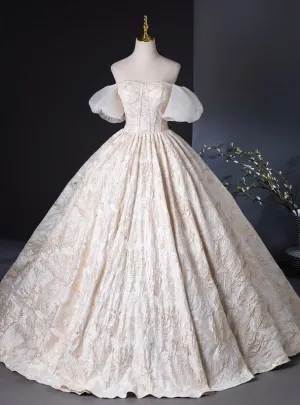 Champagne Puff Sleeve Embroidery Quinceanera Dress