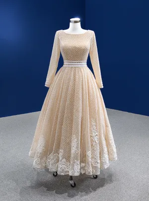 Champagne Tulle Long Sleeve Backless Appliques Prom Dress
