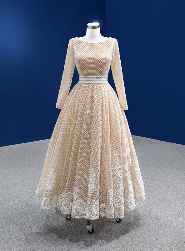 Champagne Tulle Long Sleeve Backless Appliques Prom Dress
