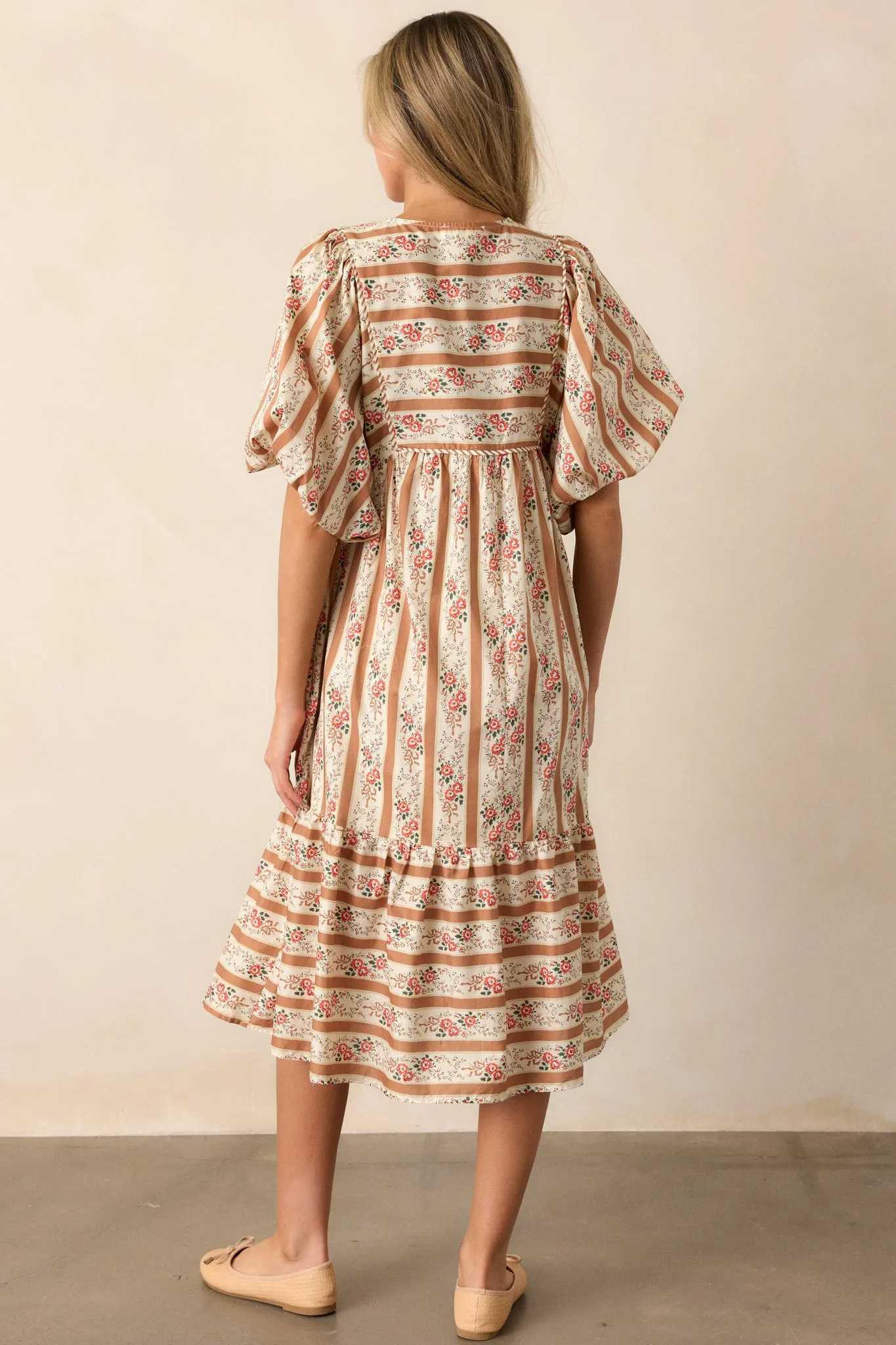 Cool Traces 100% Cotton Camel Puff Sleeve Midi Dress