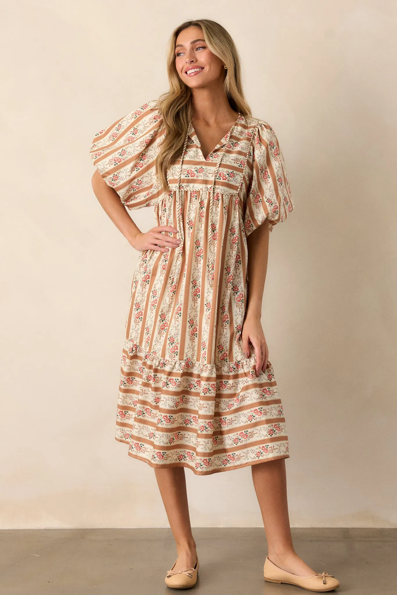 Cool Traces 100% Cotton Camel Puff Sleeve Midi Dress