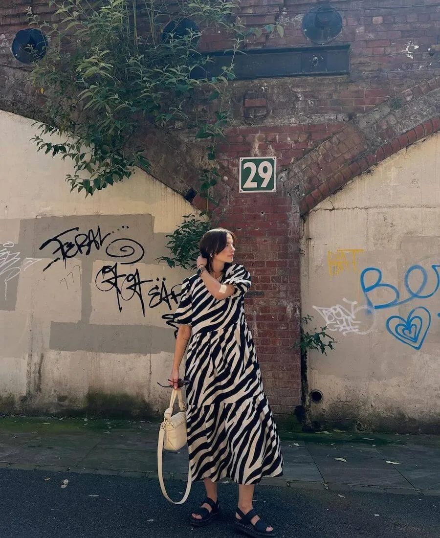 Cream Animal Viscose Puff Sleeve Midi Dress