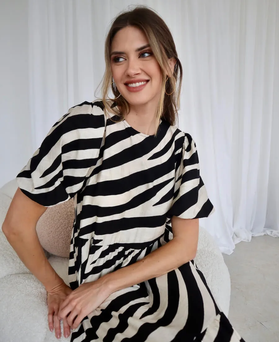 Cream Animal Viscose Puff Sleeve Midi Dress