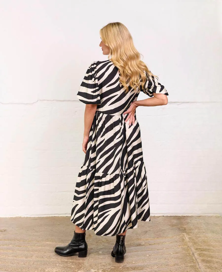 Cream Animal Viscose Puff Sleeve Midi Dress