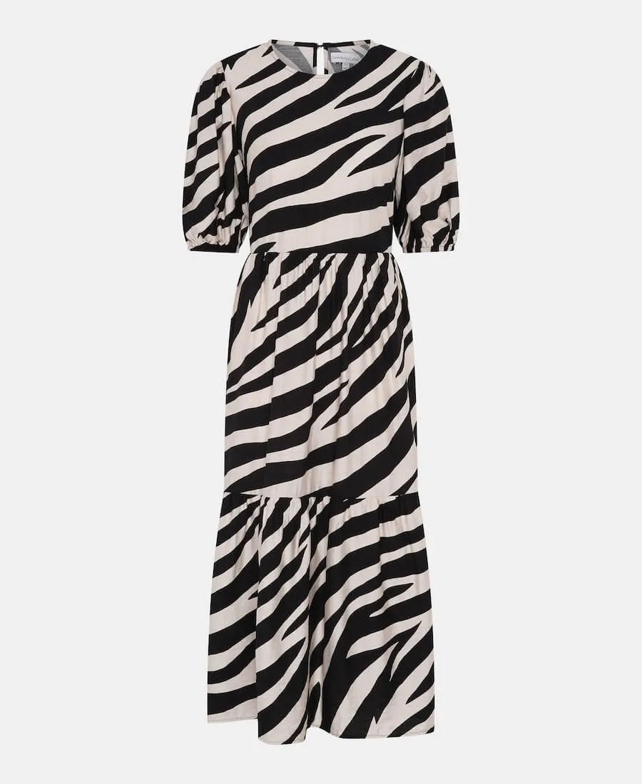 Cream Animal Viscose Puff Sleeve Midi Dress