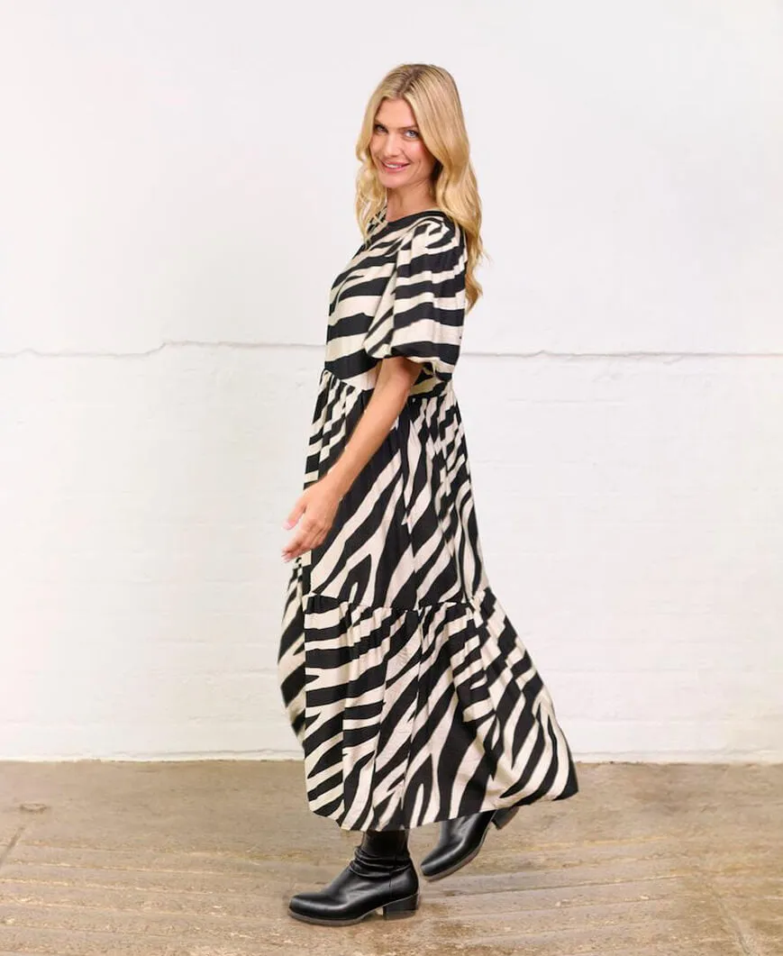 Cream Animal Viscose Puff Sleeve Midi Dress