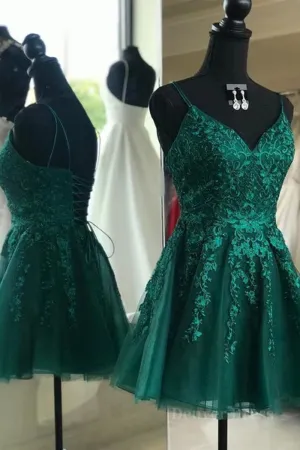 Cute A Line V Neck Backless Green Lace Prom Dress Short Backless Green Lace Formal Graduation Homecoming Dress