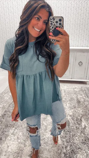 Dark Teal Boatneck Cuffed Sleeve Top