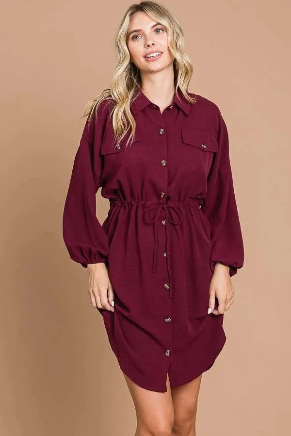 Drawstring Waist Button Down Shirt Dress with Pockets