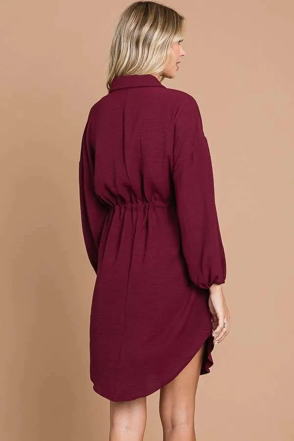 Drawstring Waist Button Down Shirt Dress with Pockets