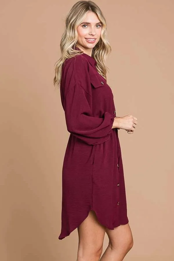 Drawstring Waist Button Down Shirt Dress with Pockets