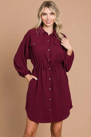Drawstring Waist Button Down Shirt Dress with Pockets