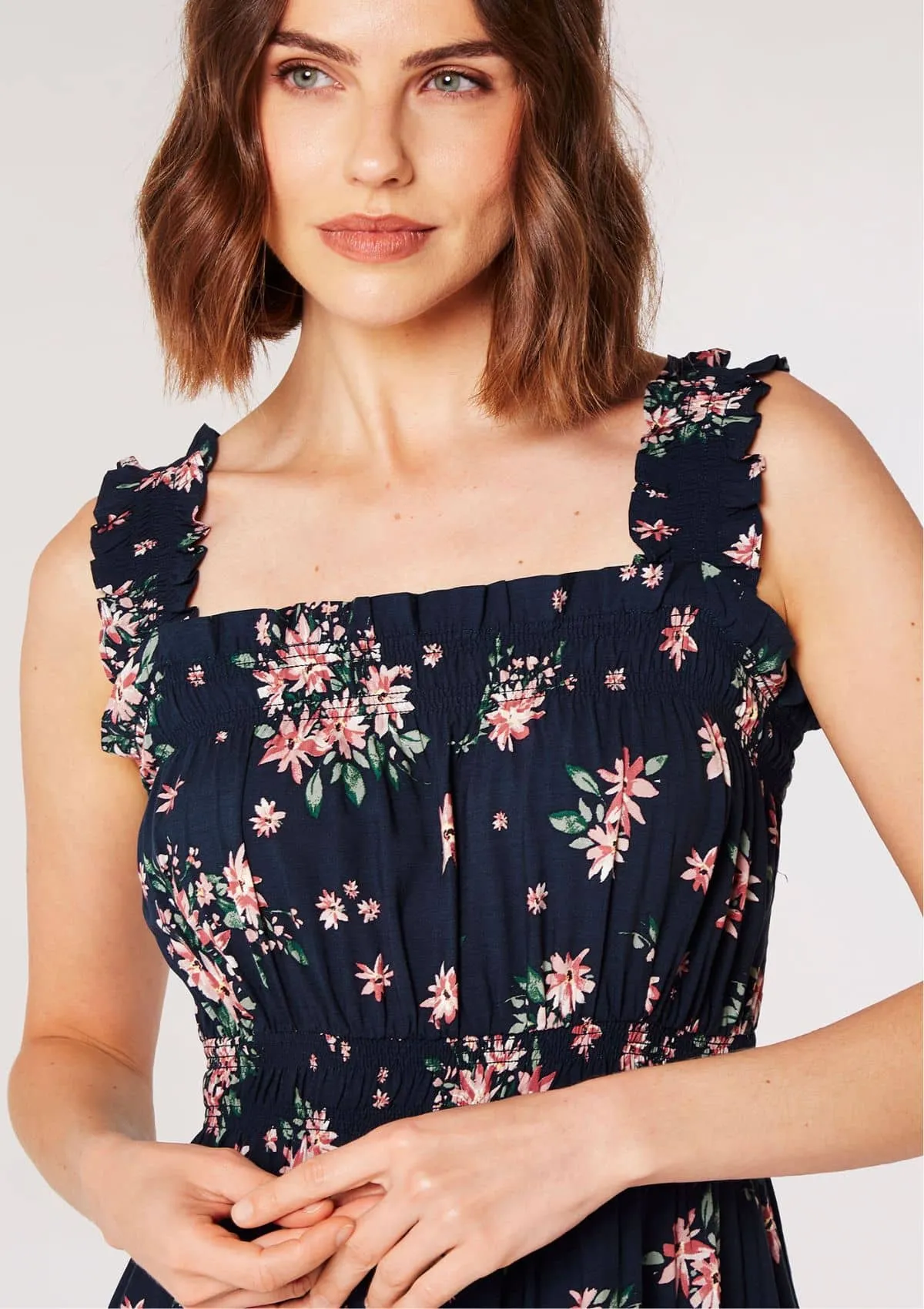 Floral Cami Milkmaid Smock Dress - Navy