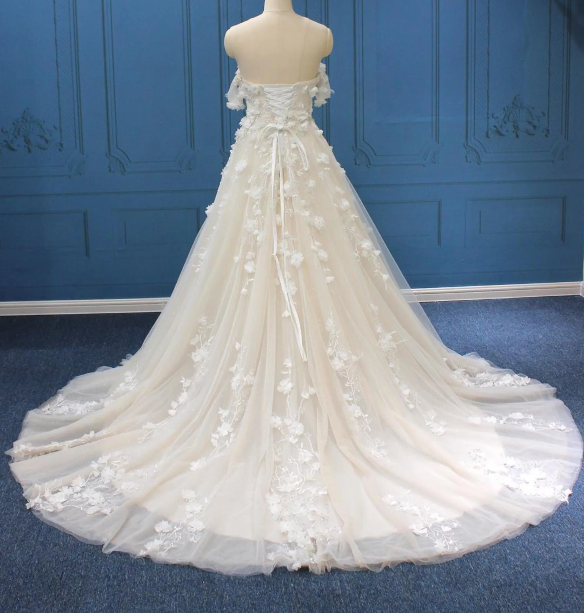 Floral Lace Chiffon Beaded A Line Boho Chic Bridal Wedding Dress