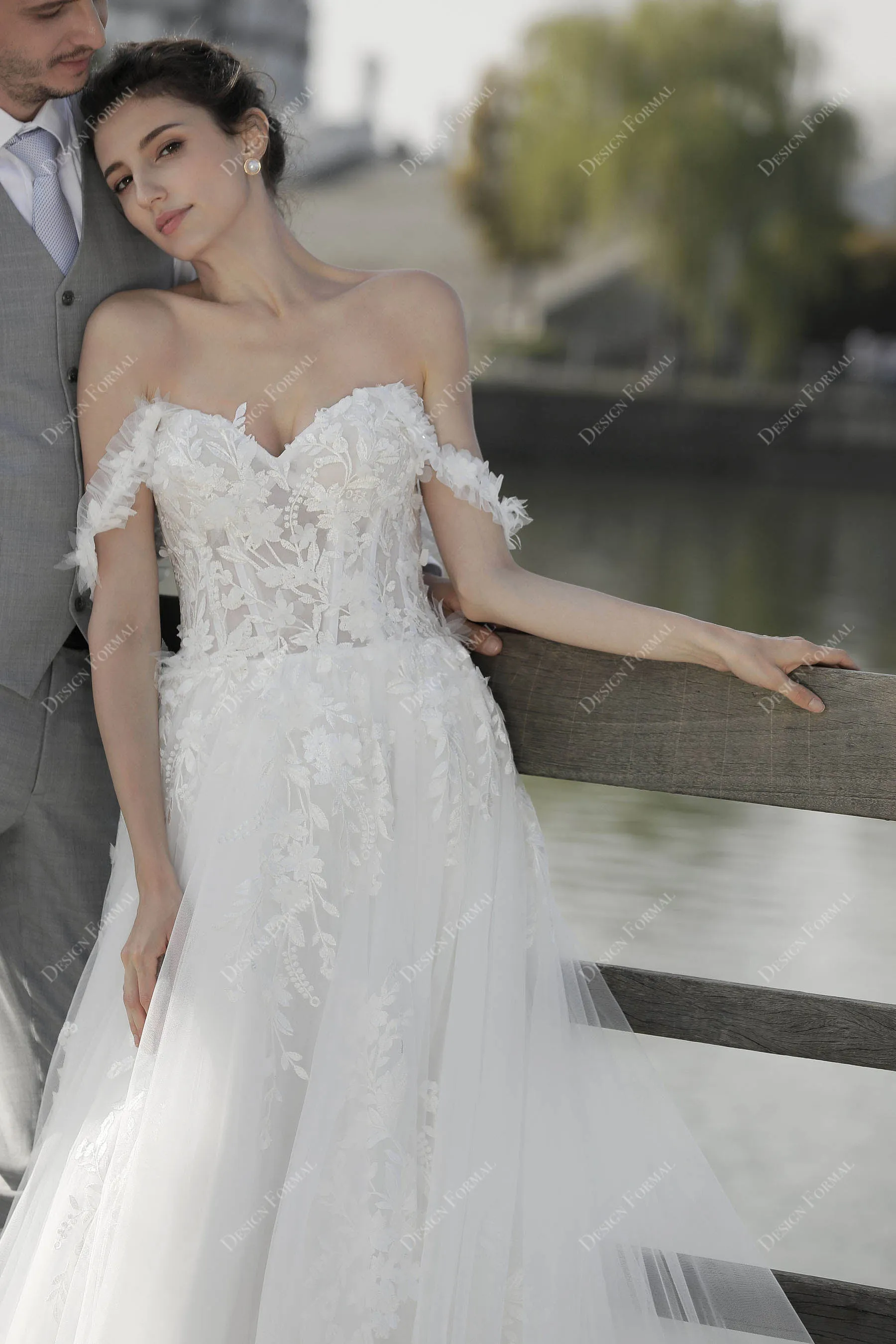 Flower Off Shoulder Lace Destination A-line Wedding Dress