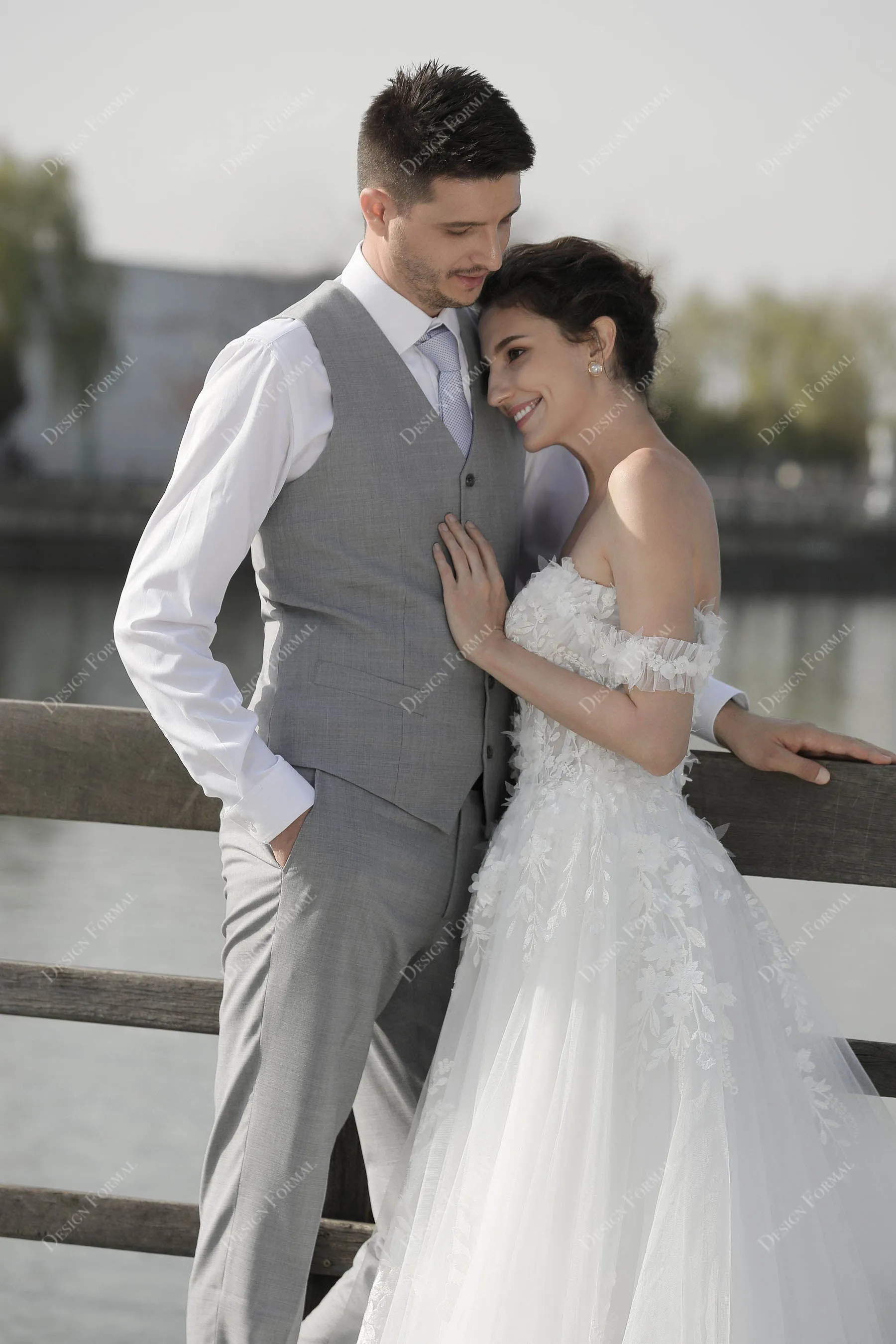 Flower Off Shoulder Lace Destination A-line Wedding Dress