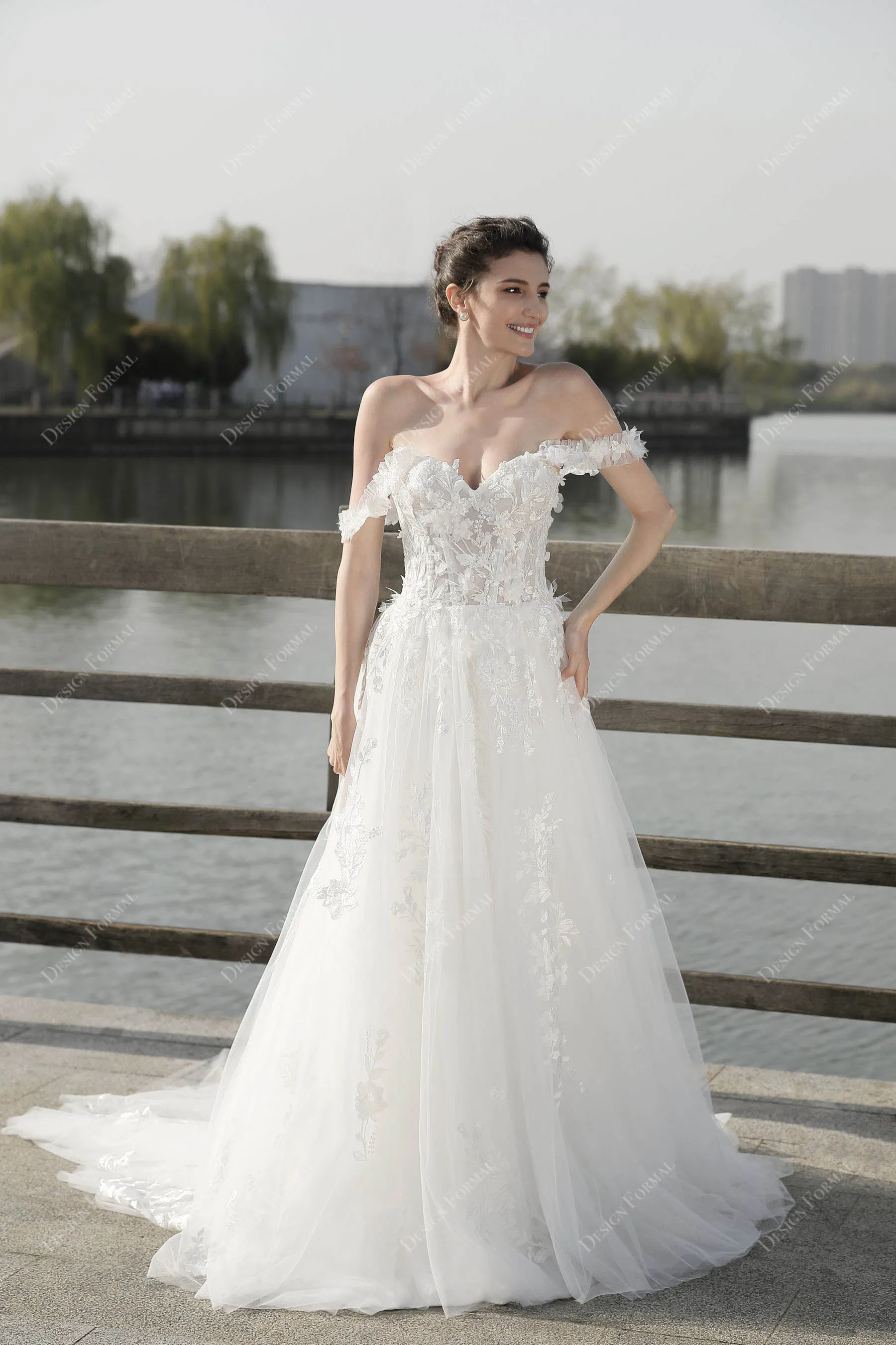 Flower Off Shoulder Lace Destination A-line Wedding Dress