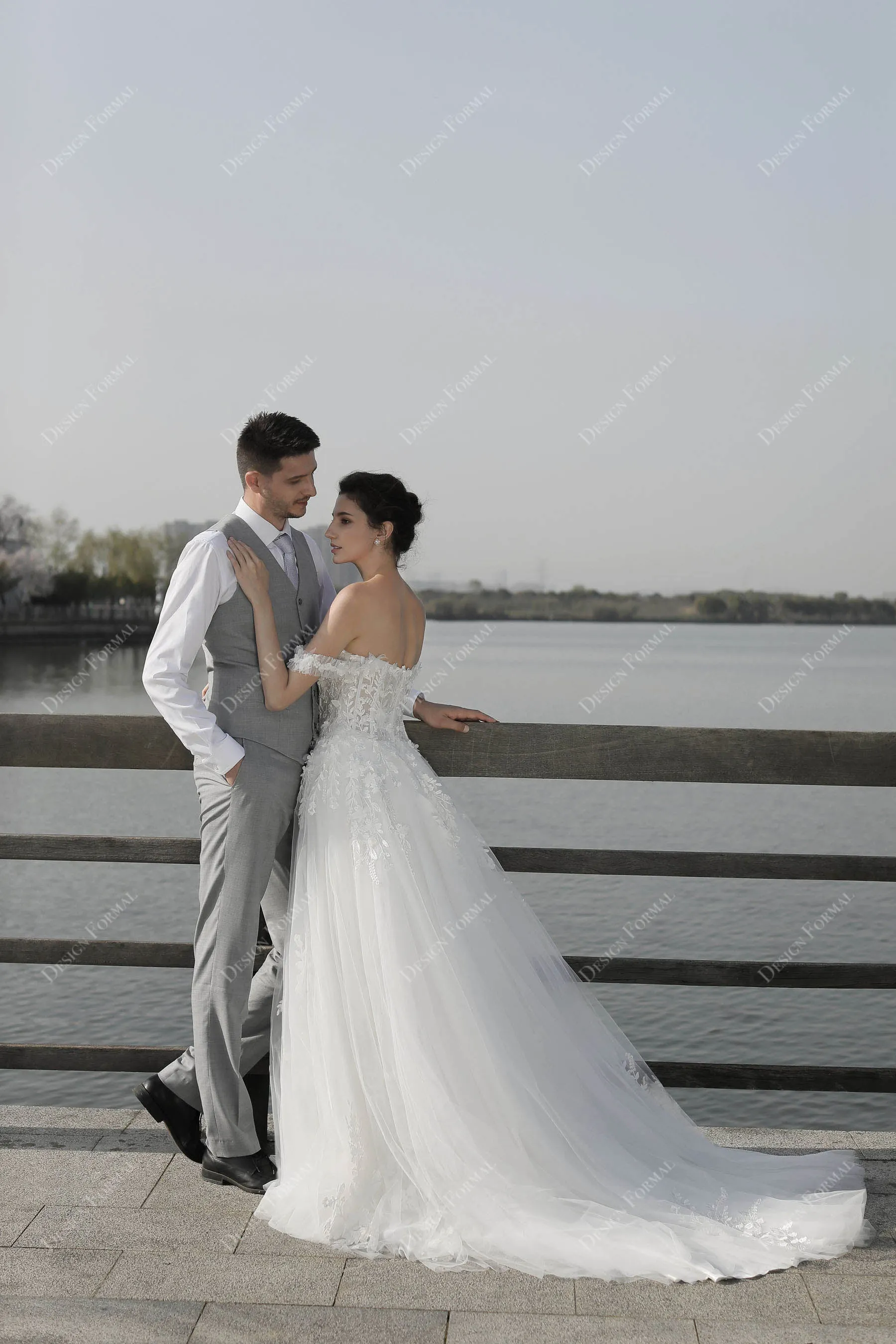 Flower Off Shoulder Lace Destination A-line Wedding Dress