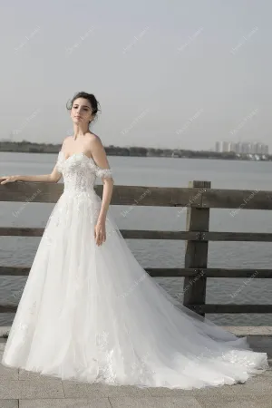 Flower Off Shoulder Lace Destination A-line Wedding Dress
