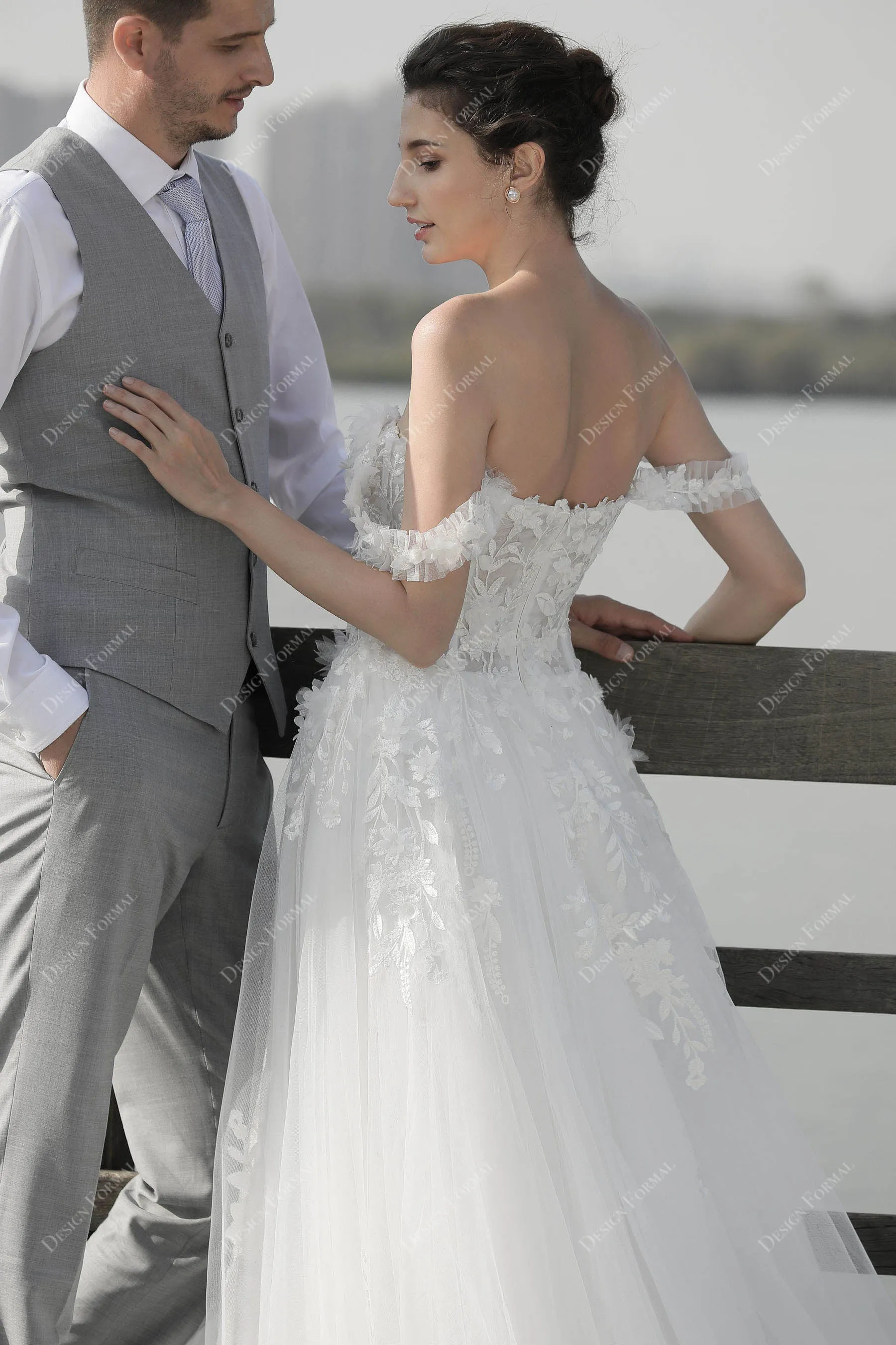 Flower Off Shoulder Lace Destination A-line Wedding Dress