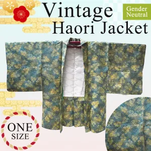 Gender-Neutral Vintage Haori Jacket ,Transparent blue ground with hail and yellow leaves.