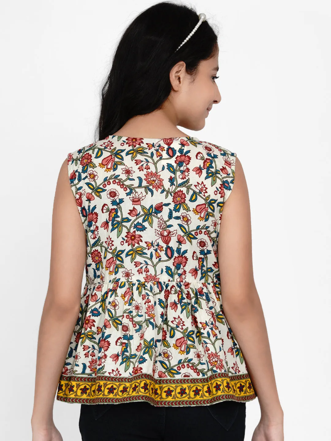 Girls Off White & Yellow Ethnic Printed Peplum Top