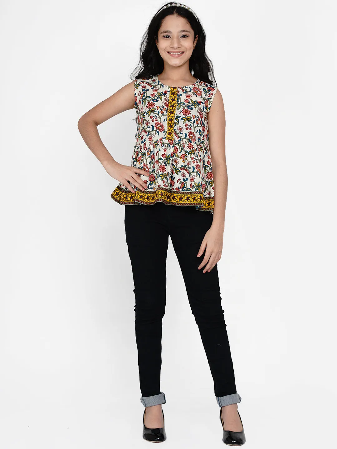 Girls Off White & Yellow Ethnic Printed Peplum Top