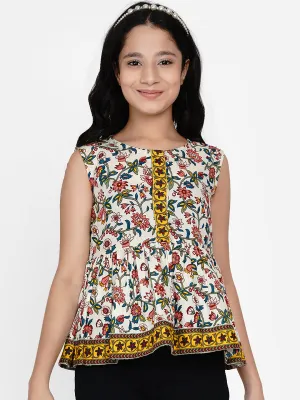 Girls Off White & Yellow Ethnic Printed Peplum Top