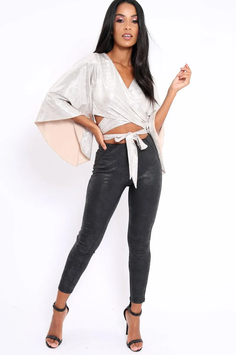 Gold Metallic Plisse Wrap Tie Crop Blouse - Kay