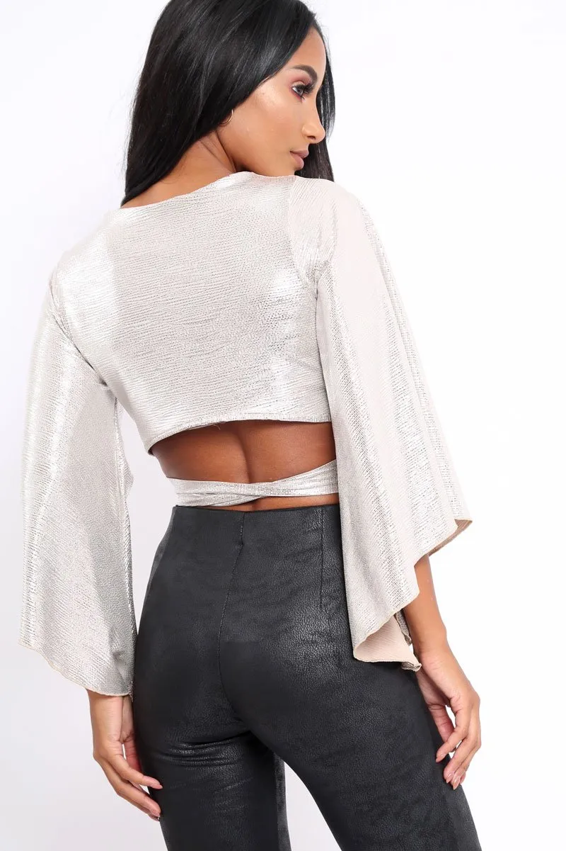 Gold Metallic Plisse Wrap Tie Crop Blouse - Kay