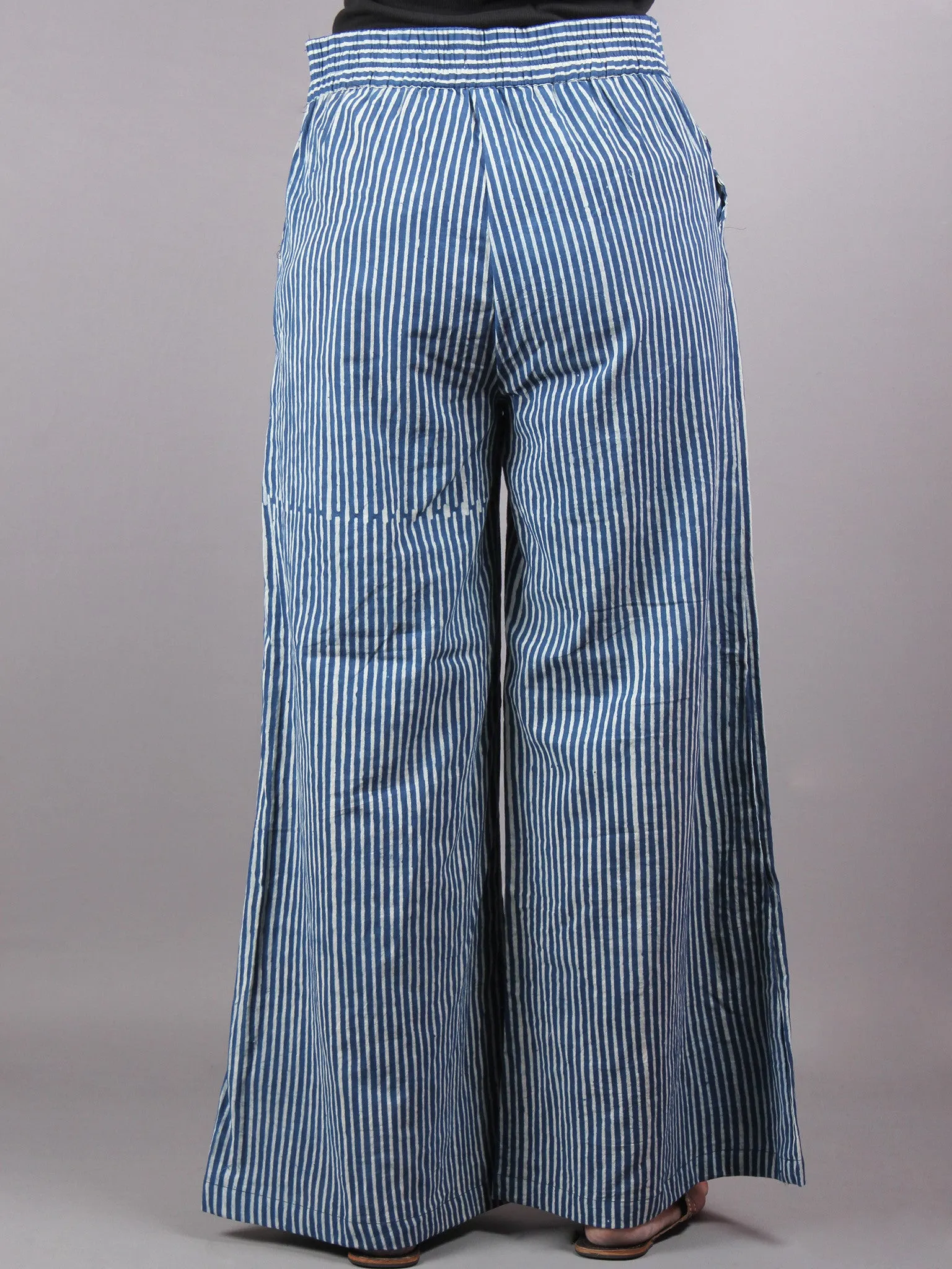 Indigo Hand Block Printed Elasticated Waist Pleated Cotton Palazzo - P1117055