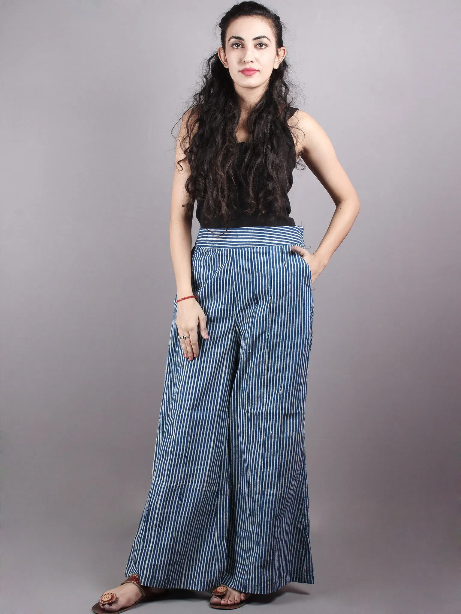 Indigo Hand Block Printed Elasticated Waist Pleated Cotton Palazzo - P1117055