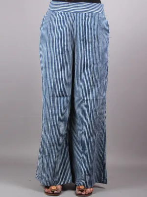 Indigo Hand Block Printed Elasticated Waist Pleated Cotton Palazzo - P1117055