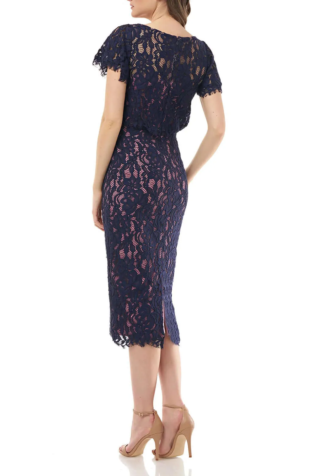 JS Collections Boat Neck Short Sleeve Blouson Zipper Back Lace Dress